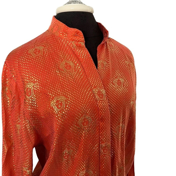 Vintage Silversilk Medusa Head Woven Orange Gold Silk Blouse Made in Korea M - Picture 3 of 14